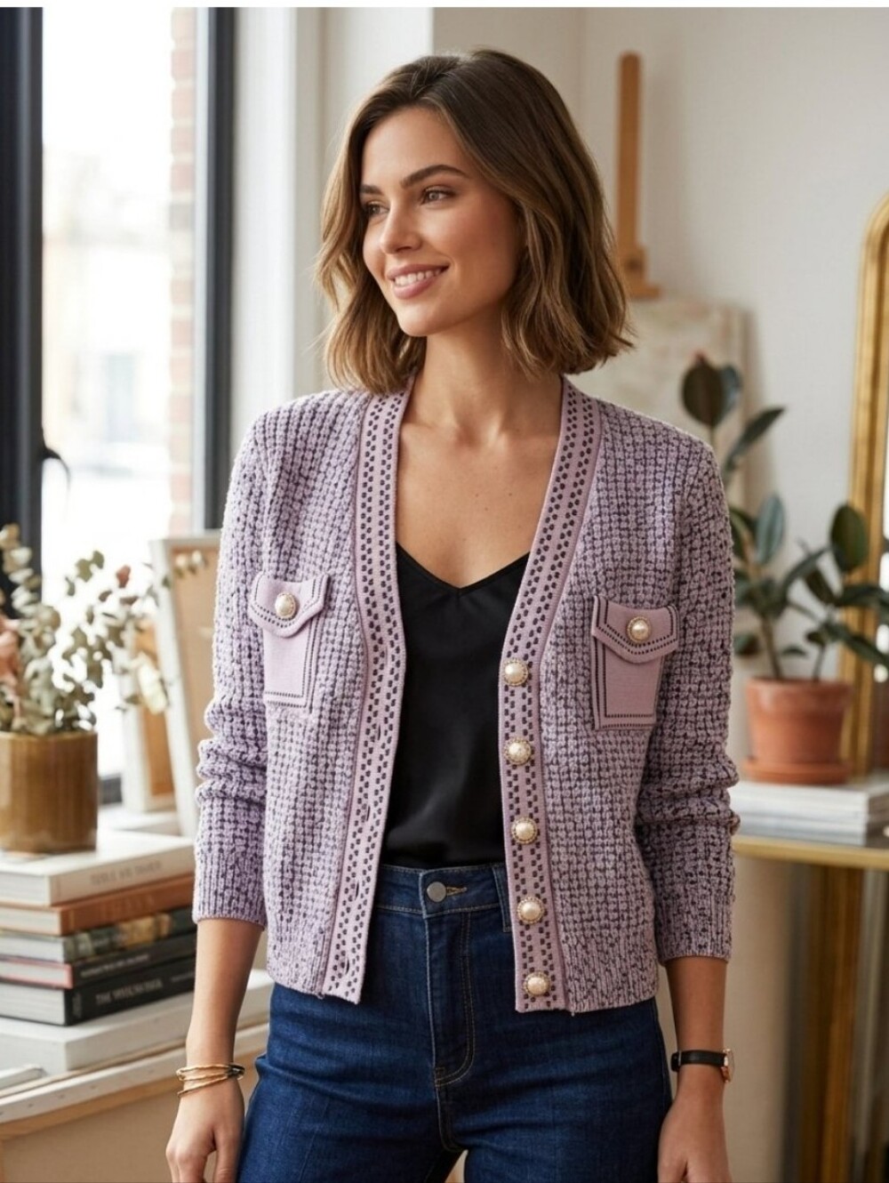 V-Neck Textured Tweed Knit Cardigan with Pearl Buttons & Flap Pockets - Purple S